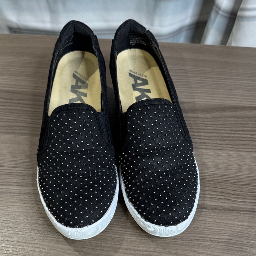 Anne Klein Sport Black Studded Slip-On Wedge Sneakers